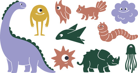 Cute Dinosaur and Whimsical Creature Character Set Featuring Brontosaurus, Triceratops, Pterodactyl, Friendly Monsters, Squirrel, Worm, and Smiley Cloud Vectors © Jasmin