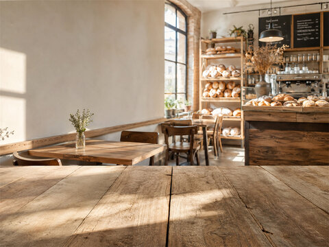Sunlit rustic bakery cafe interior with wooden tables bench seating display counter fresh bread menu board and large arched windows creating a calm welcoming neighborhood atmosphere