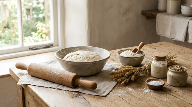 Premium high quality stock photo rustic bread dough and baking ingredients on wooden table