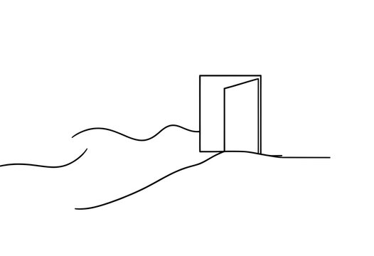 Minimalist line drawing of open door on landscape background