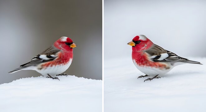 Red and white pine grosbeak bird standing on snow covered ground