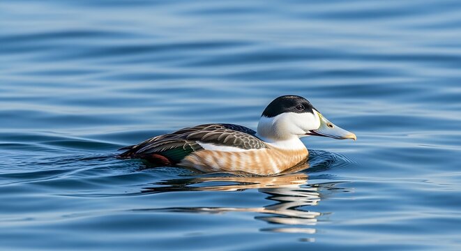 Red-breasted merganser duck swimming on calm blue water