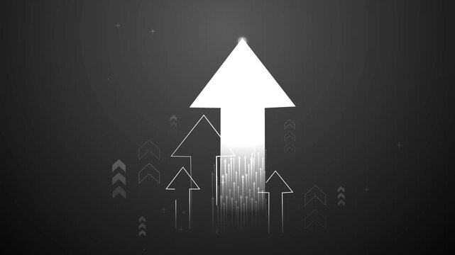 Upward arrows on dark gradient background with glowing trail and digital particles animation, symbolizing growth or progress