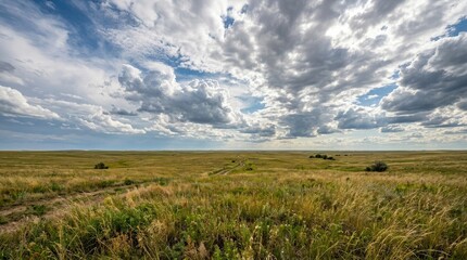 Fototapeta premium A wide, expansive landscape stretches out under a dramatic, cloudy sky. A dirt road winds through a field of tall, golden grasses and wildflowers.