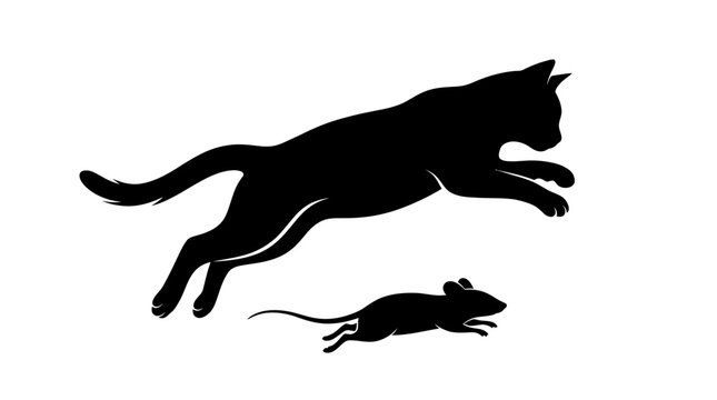 Halloween, Cat and mouse silhouettes are depicted in a dynamic pursuit, showcasing the natural predator-prey relationship in a stylized black and white illustration.