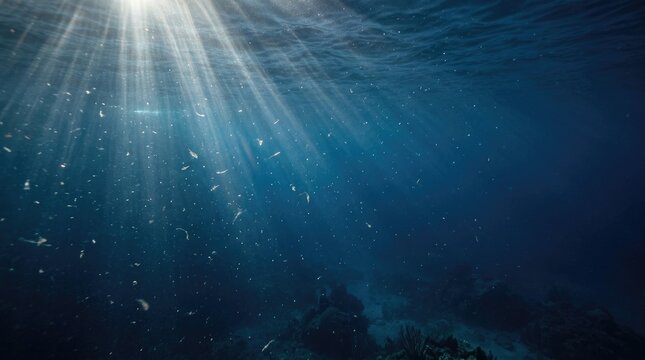 Sunlight penetrates deep into the dark ocean. Rays of light stream downwards, illuminating the water and scattering through the particulate matter.
