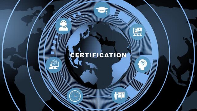 Global certification concept featuring animated digital map with educational online learning symbols, and corporate training for modern business communication and e-learning