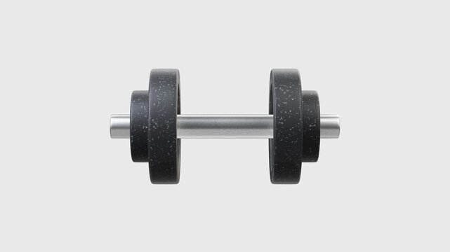 3D render of black dumbbells with silver handles and speckled weights, isolated on transparent background, alpha channel. for fitness, gym training, strength workout, bodybuilding. looped animation