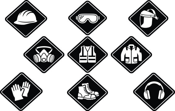 Personal Protective Equipment PPE Safety Badge Icon Vector Set with Hard Hat, Goggles, Face Shield, Respirator, Gloves, Safety Vest, Boots, and Hearing Protection