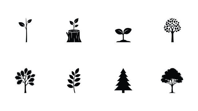 Collection of eight black silhouette depicting various stages of tree growth, saplings, and forest plants on a white background