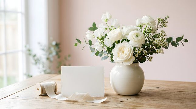 Premium high quality stock photo elegant white flowers in vase with blank card for wedding or sympathy
