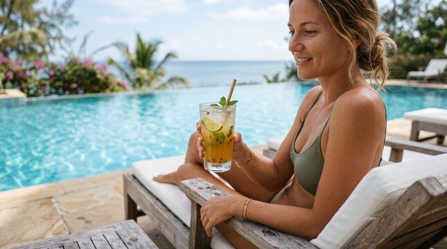 Young woman enjoying tropical drink by poolside. Female relaxing with cocktail in sunny resort setting.