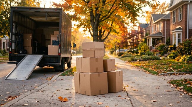 Moving boxes beside a delivery truck. A professional moving and logistics scene featuring packed cardboard boxes and a delivery vehicle in a spacious area.