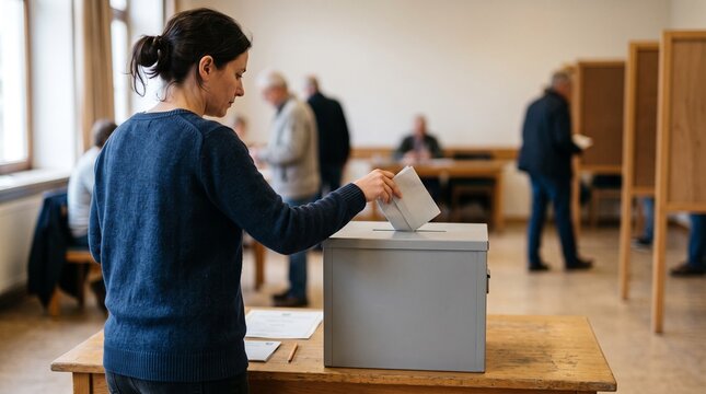 Woman casting ballot into voting box. Female voter participating in election process. 