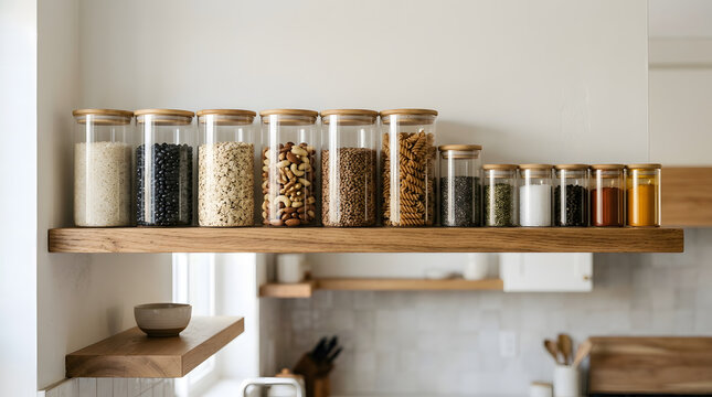 Premium high quality professional stock photo organized kitchen pantry with glass jars and wooden shelves
