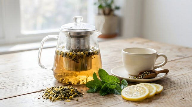 Premium high quality professional stock photo herbal tea preparation with chamomile mint and lemon