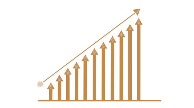 Ascending bar-arrow growth chart animation, Bar-chart arrows and an upward diagonal arrow from left to right, minimalist financial growth concept