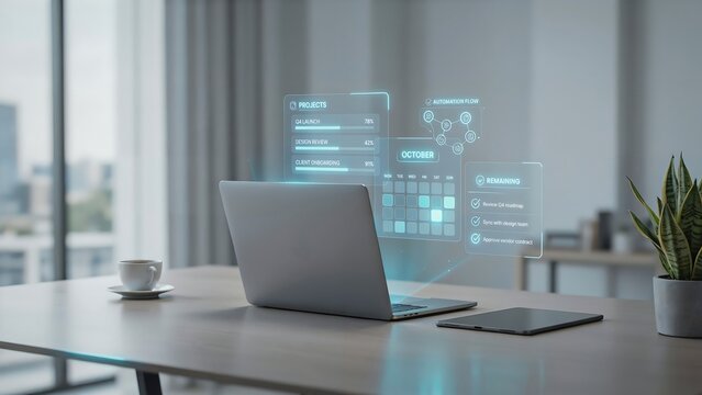 Modern office desk with laptop displaying futuristic holographic project management interface and calendar