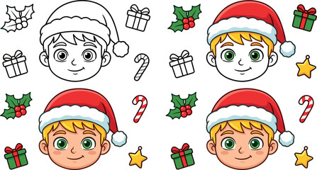 Cute Christmas Boy Avatar Vector Illustration Set with Santa Hat Holiday Icons and Line Art Templates for Kids Coloring Page Design