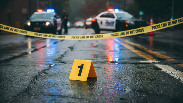 Crime scene marker with police lights reflecting on wet street during investigation