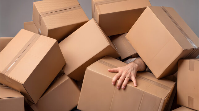 Reaching hand emerging from pile of cardboard boxes. Overwhelmed person buried under shipping packages in cluttered room.