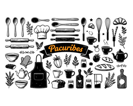 Vintage Kitchenware & Bakery Vector Header - Hand Drawn Culinary Banner Border