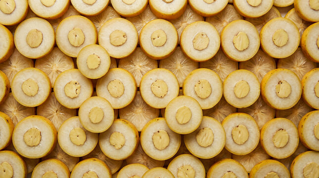 Marula fruit slices arranged in a vibrant pattern on a textured background
