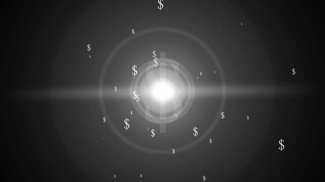 Glowing light with floating dollar signs on a dark background animation, symbolizing money wealth and finance animated