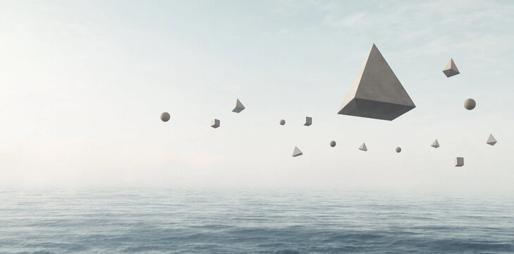 Surreal floating pyramid shaped objects hovering over calm ocean water with floating abstract geometric conceptual levitating ethereal atmosphere creative structure perspective