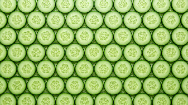 Cucumber slices arranged beautifully on a green background for freshness concept