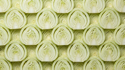 Obraz premium Fennel slices in a flat lay arrangement on a wooden background.