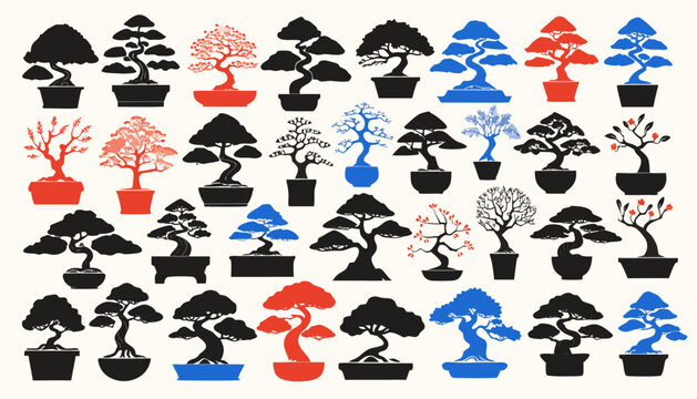 Bonsai tree collection vector set featuring various styles of miniature organic plant art.