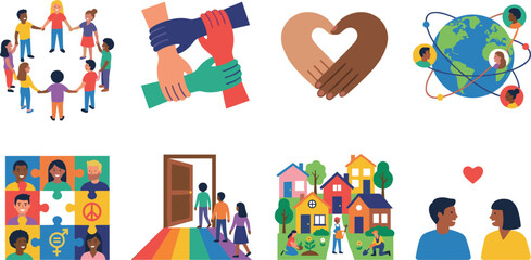 Naklejka premium Diversity and Inclusion Illustration Set with Community, Unity, Equality, and Global Connection Concepts
