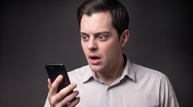 Shocked office employee looking at smartphone screen with wide eyes. Surprised man reacting to unexpected news or message on mobile device.