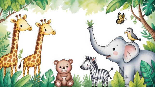 Cute cartoon jungle animals including giraffe, elephant, zebra and bear in a watercolor forest border isolated on white background.