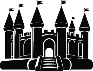 Playful bouncy castle illustration featuring multiple turrets and flags for kids entertainment © Md Hasan