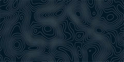 Abstract topographic map background in dark blue with white and light gray contour curves creating organic terrain elevation pattern, seamless geographic relief vector texture design. © Hasan