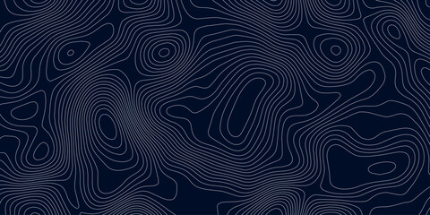 Abstract topographic map background in dark blue with white and light gray contour curves creating organic terrain elevation pattern, seamless geographic relief vector texture design. © Hasan