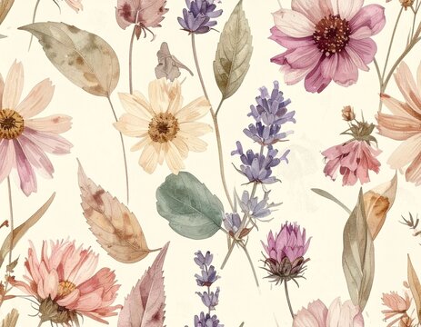 Seamless watercolor floral pattern with lavender and botanical flowers