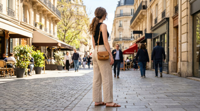 Stylish Young Woman Standing on Charming European Street with Crossbody Bag