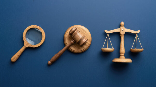 Wooden Magnifying Glass Judge Gavel and Justice Scales on Blue Background