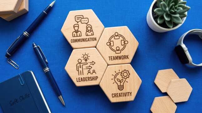 Wooden Blocks Representing Communication Teamwork Leadership and Creativity Skills