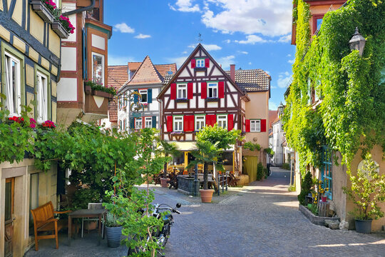 Leafy cobblestone street with half timbered architecture in the idyllic village of Besigheim, Germany