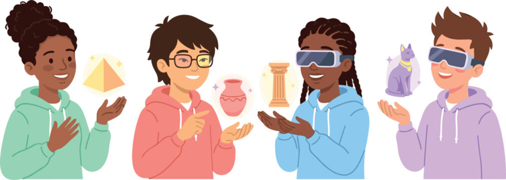 Diverse Group of Students Learning History and Archaeology with Virtual Reality Glasses Holding Holographic Ancient Egyptian Artifact Vector Cartoon Illustration