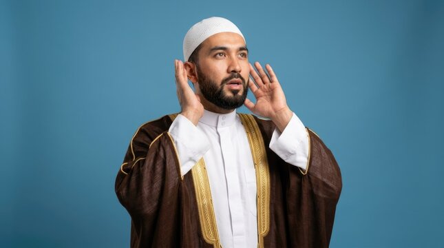 Muslim Man in Traditional Clothing Listening to the Islamic Call to Prayer Against Blue Background