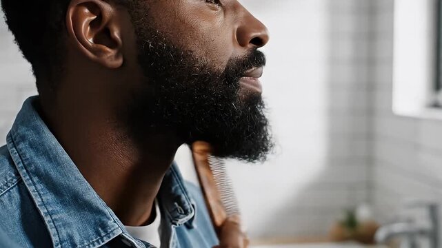 Black man grooming beard with wooden comb in bathroom