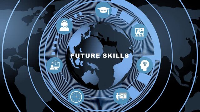 Future skills development and global digital education concept featuring animated earth globe with interactive for training, online learning, career growth, and modern corporate innovation