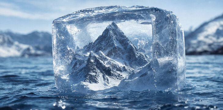 Clear ice cube with frozen mountain peak inside floating on calm water at sunset mountain reflection landscape abstract transparent environment beautiful climbing adventure creative