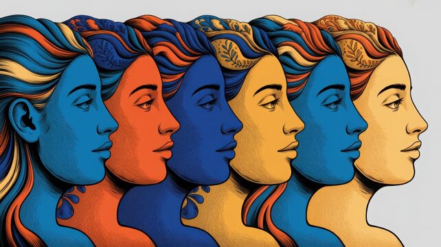 Side profiles of six women with vibrant colorful intricate hair on grey background