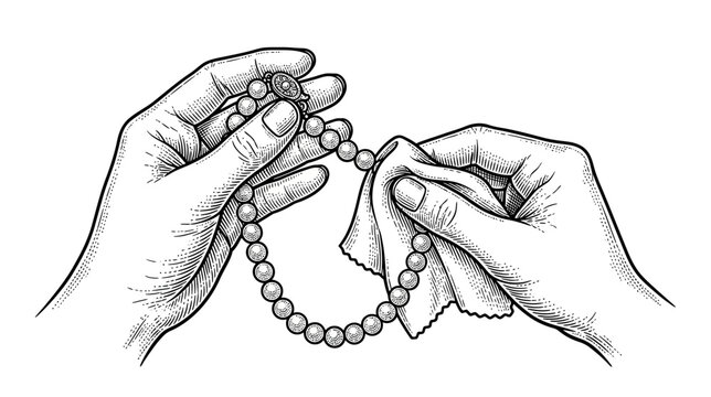 Hands cleaning pearl necklace with cloth, isolated